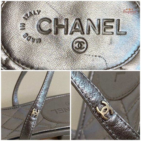 Authentic CHANEL Silver Leather Enamel Embellished Toe Ring Flat Sandals 37C - Picture 7 of 13